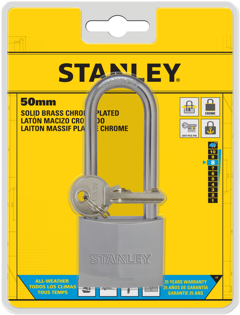 Solid Brass Chrome Plated Padlock 50mm Long Shackle